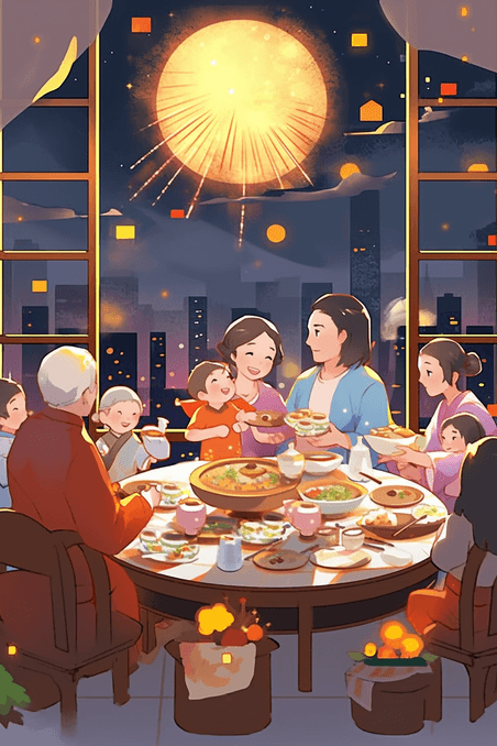 创意插画新年家人团聚烟花手绘一家人除夕夜年夜饭