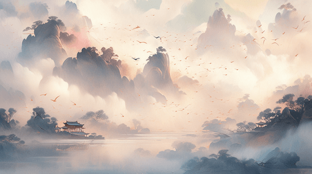 潮国创意唯美传统中国风山水风景插画1抽象游戏意境