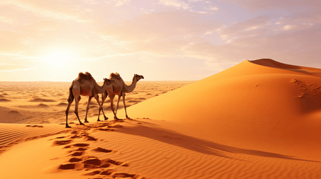 潮国创意一对骆驼在沙漠中行走敦煌丝绸之路