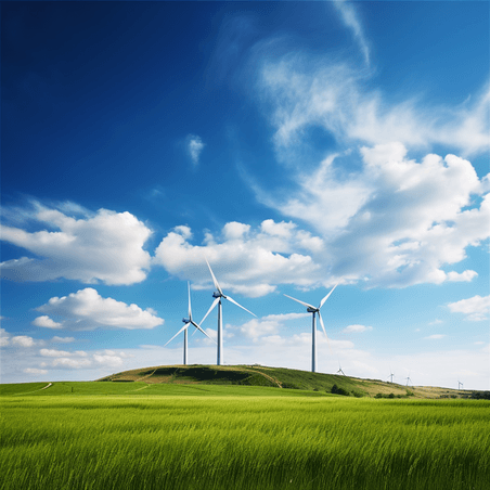 潮国创意风力涡轮机坐落在绿色的土地和蓝天白云的背景上