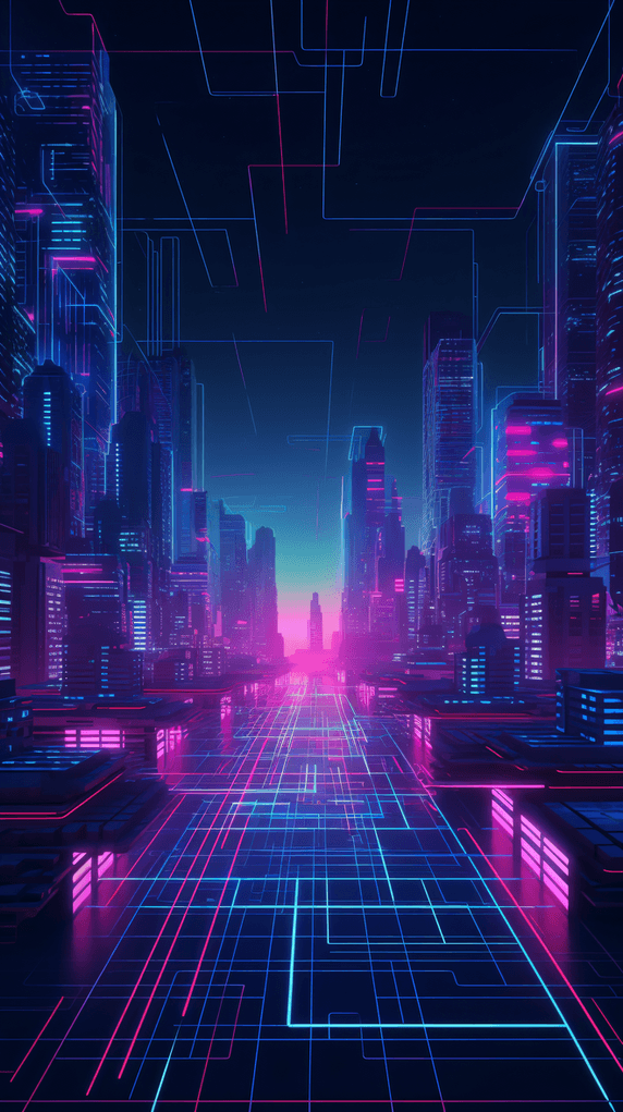 潮国创意科幻科技太空城市蓝紫色光线背景赛博朋克