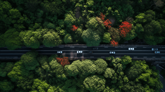 潮国创意航拍树木环绕的高速公路森林开车