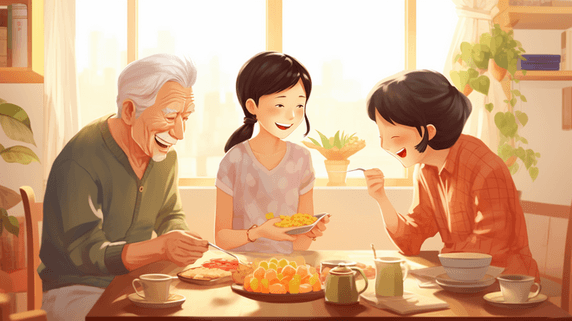 潮国创意老年夫妻用餐聊天和谐插画37吃饭