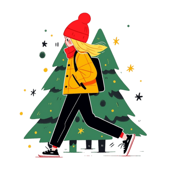 潮国创意插画元素冬天圣诞节女孩圣诞树扁平
