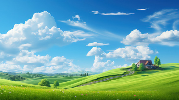潮国创意蓝天白云绿色小草小山丘9天空壁纸卡通风景草坪