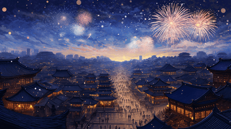 潮国创意中国风古城烟花秀插画12国潮中国风新年城市