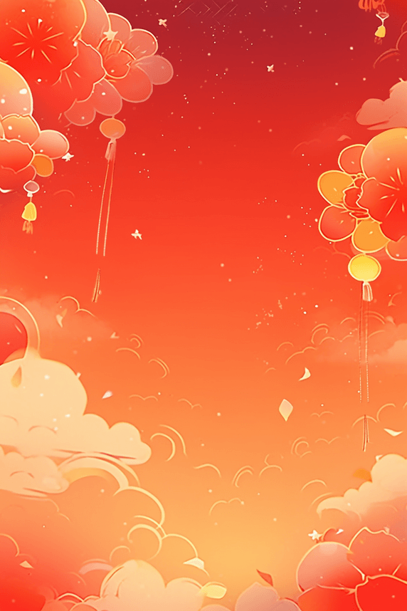 潮国创意灯笼祥云红色新年春节手绘背景