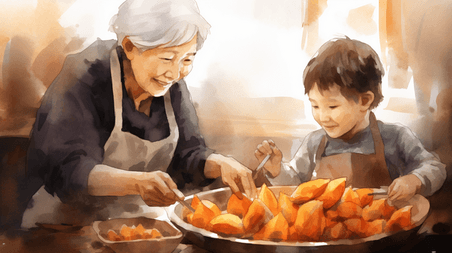 创意小朋友和奶奶一起蒸红薯插画2烤地瓜冬天餐饮