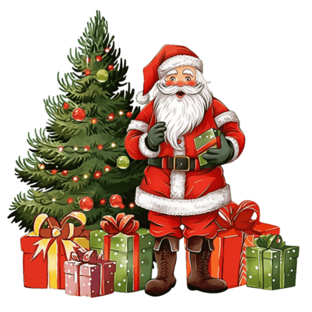 潮国创意圣诞节圣诞老人松树礼盒卡通手绘元素
