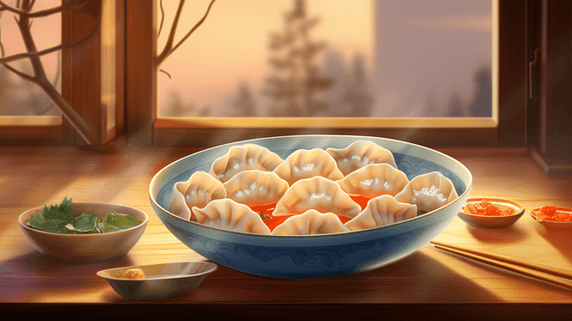潮国创意冬季水饺美食插画13冬至春节除夕小年中餐