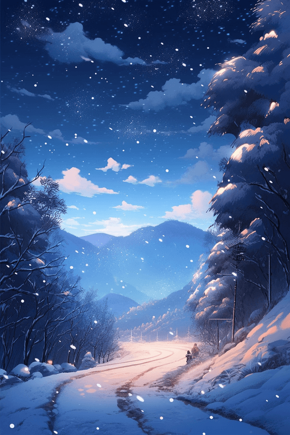 创意冬天唯美雪景手绘夜晚插画冬季卡通夜景雪地