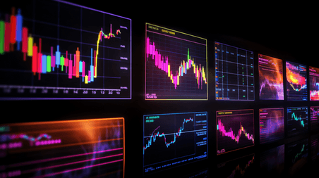 潮国创意显示一组不同股票图表的监视器股票彩色股市金融投资