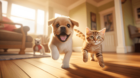 潮国创意一只小狗和一只小猫一起跑萌宠动物可爱