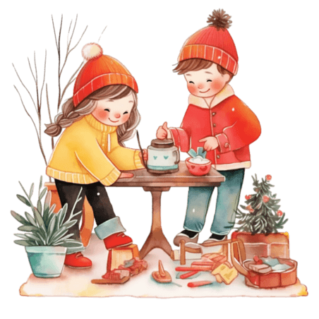 潮国创意手绘元素冬天可爱孩子植物卡通春节美食下午茶煮茶