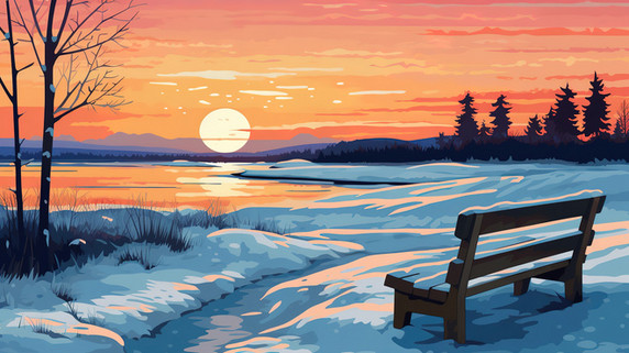 潮国创意日落时在湖边有一张长椅15冬天冬季夕阳长椅风景