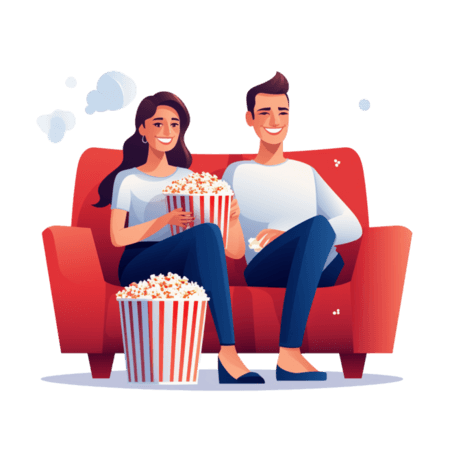 潮国创意男人和女人坐在沙发上吃爆米花扁平情人节看电影