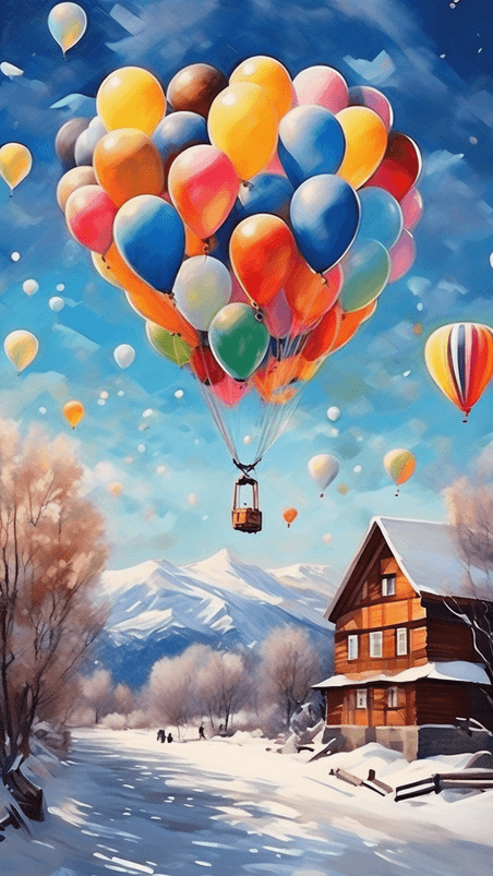 潮国创意气球城市自然风景天空蓝天冬季插画