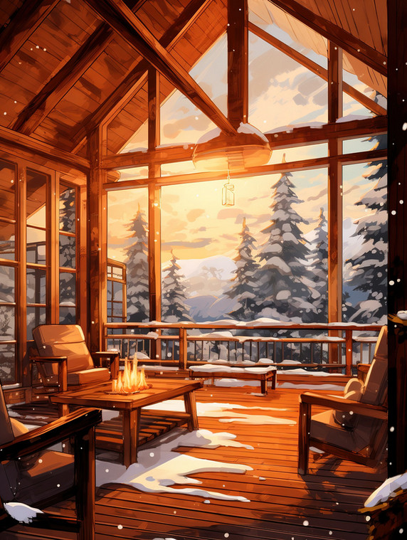 潮国创意温暖木屋窗外雪景10欧式度假冬天雪乡温暖温馨别墅