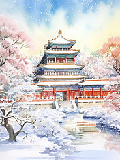 创意冬季中国建筑淡水彩画20插画古建筑冬天雪景