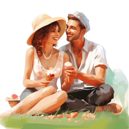 潮国创意男人和女人在野餐时分享冰淇淋情人节情侣浪漫