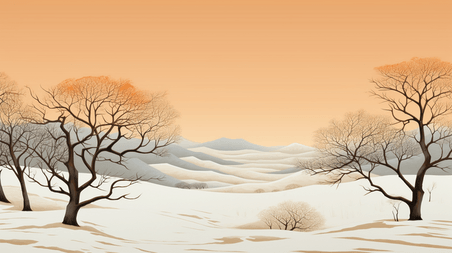 创意冬季天野雪地枯树插画10简约抽象扁平冬天