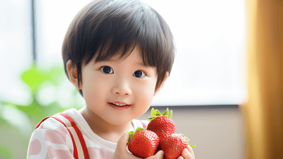 创意拿着草莓开心的小女孩亚洲人像儿童