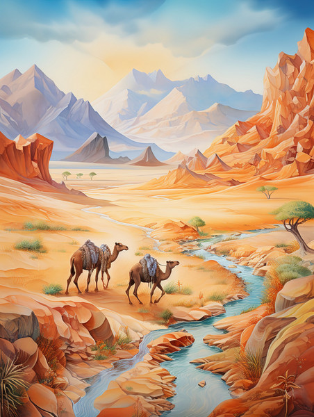 潮国创意丝绸之路山脉行走的骆驼13敦煌沙漠