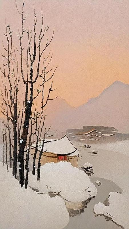 潮国创意肌理磨砂质感夕阳里的冬景雪景中式意境浪漫