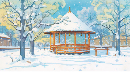 潮国创意冬天大雪中的公园凉亭11冬季雪景树林