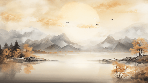 创意金色中式国风手绘山水背景意境水墨画