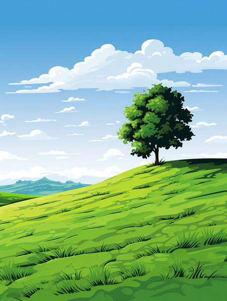 潮国创意山坡上的一棵孤独树9风景卡通草地
