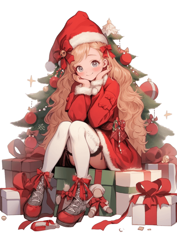 潮国创意冬天圣诞节可爱女孩礼盒卡通手绘元素二次元人物漫画