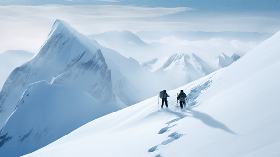 潮国创意雪山上的攀登滑雪者冬天冬季大雪雪景高山雪山