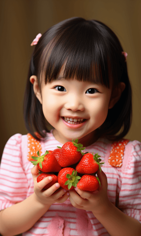 创意拿着草莓开心的小女孩亚洲儿童人像手捧水果