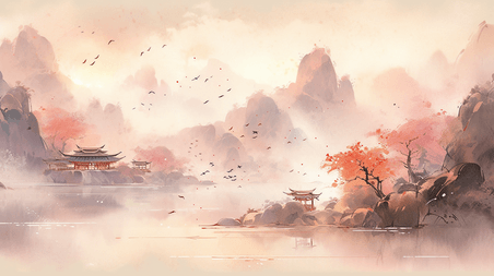 潮国创意唯美传统中国风山水风景插画12抽象游戏意境