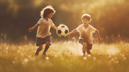 潮国创意孩子在户外踢足球温馨可爱儿童节