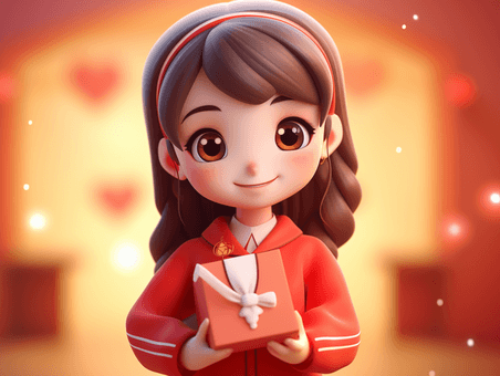 潮国创意春节可爱的小女孩拿着红包3D礼物送礼拜年