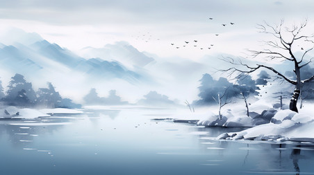 潮国创意宁静的冬季景象水彩画5中国风意境山水冬天雪景