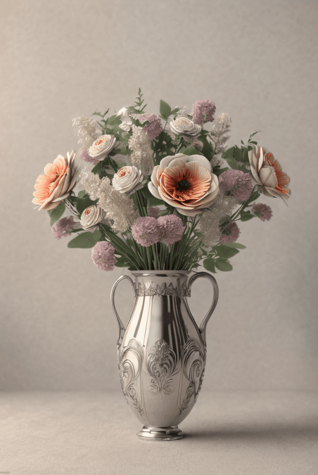 创意雕花金属花瓶里的彩色鲜花插花艺术盆栽