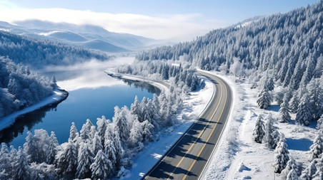 创意鸟瞰冬天的森林美丽景色16冬季俯拍公路