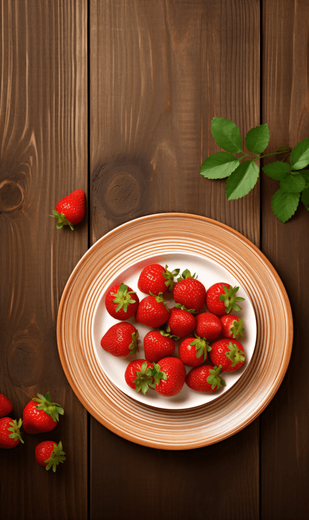 俯拍木桌上有一盆草莓摄影照片2生鲜食物水果摆盘