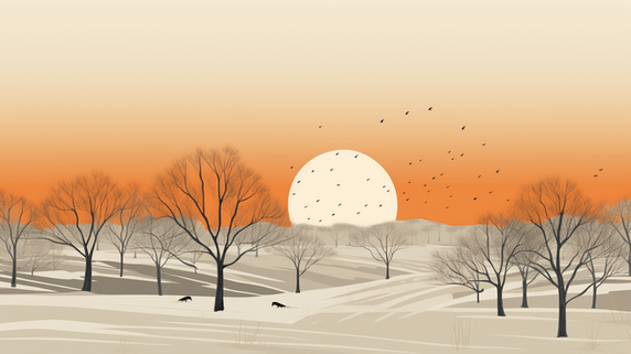 创意冬季天野雪地枯树插画8简约抽象扁平夕阳
