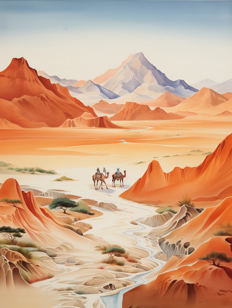 潮国创意丝绸之路山脉行走的骆驼2敦煌沙漠