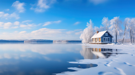 潮国创意冬天雪景湖边的房子20大雪别墅