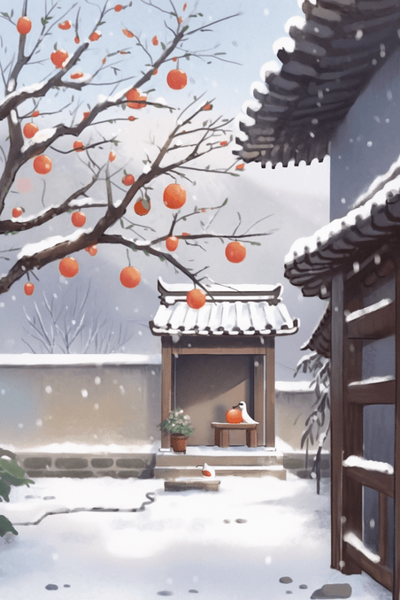 潮国创意手绘冬天插画院内雪景海报中国风小院