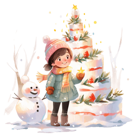 潮国创意卡通圣诞节可爱女孩雪人手绘元素冬天冬季生日蛋糕