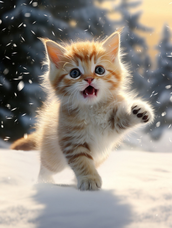 创意冬天的小猫雪中跳跃壁纸5动物宠物雪景