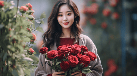 潮国创意女人抱着一束红玫瑰情人节浪漫亚洲人像