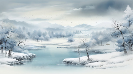 潮国创意宁静的冬季景象水彩画10中国风意境山水冬天雪景