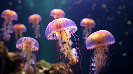 潮国创意深海游泳的水母群海洋动物发光水母